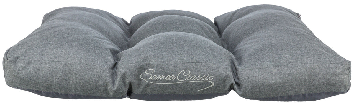 Graues, gepolstertes Kissen mit der Aufschrift "Samoa Classic" auf der Vorderseite.