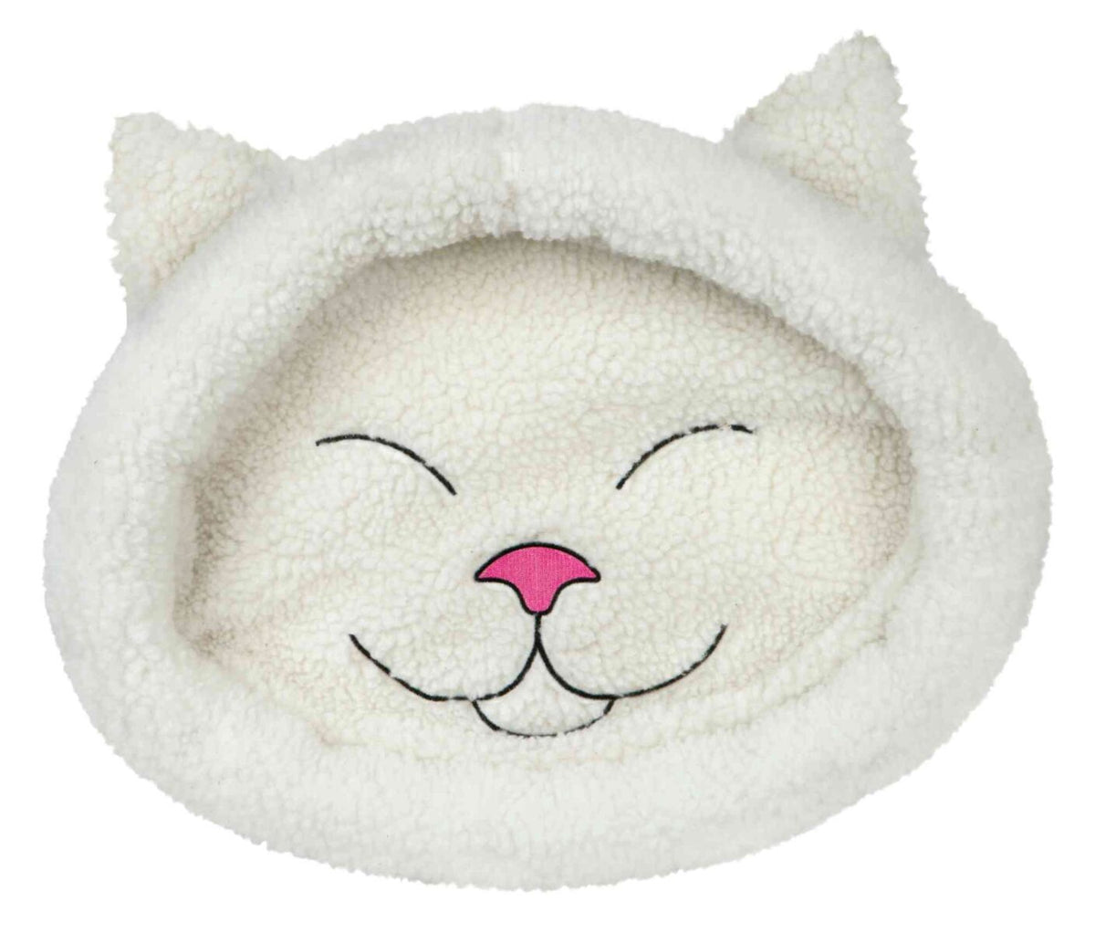 Weißes, flauschiges Kissen mit Katzenohren und einem aufgestickten Katzengesicht in Schwarz und Pink.