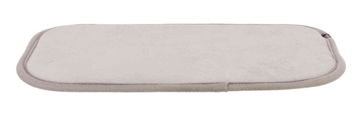 Rechteckige, beige Matte mit abgerundeten Ecken und weichem Rand, flach liegend.