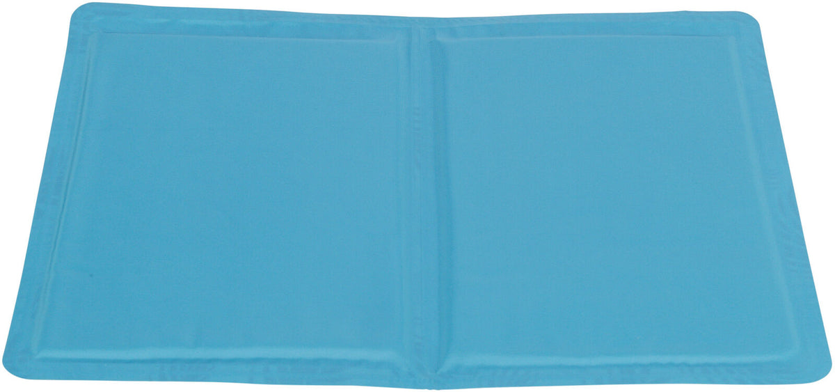 Rechteckige blaue Matte mit leichter Polsterung und abgenähtem Rand auf einer weißen Fläche.