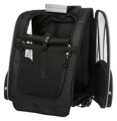 Schwarzer Transport-Rucksack mit Netzfenster, Reißverschlüssen und Griff an der Oberseite.