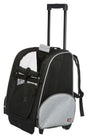 Schwarzer Trolley-Rucksack mit ausziehbarem Griff und Netzbelüftungspanelen, graue Seitentasche.