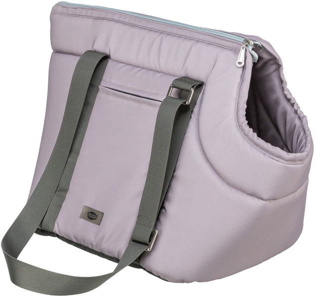 Graue Tasche mit Reißverschluss und zwei dunkelgrauen Trageriemen, gepolstert und mit seitlichem Eingriff.