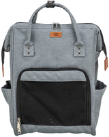 Grauer Rucksack mit zwei Tragegriffen, vorderer Netzbereich und Reißverschlüssen, Label "TRIXIE" oben.