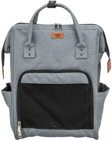 Grauer Rucksack mit zwei Tragegriffen, vorderer Netzbereich und Reißverschlüssen, Label "TRIXIE" oben.
