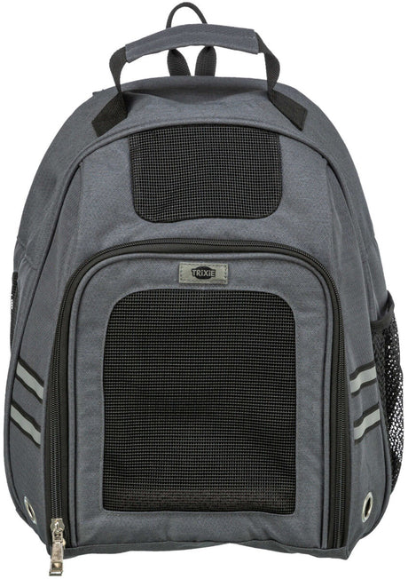 Grauer Rucksack mit Netzfenster und Griff, seitlich reflektierende Streifen, vorne Schriftzug "Trixie".