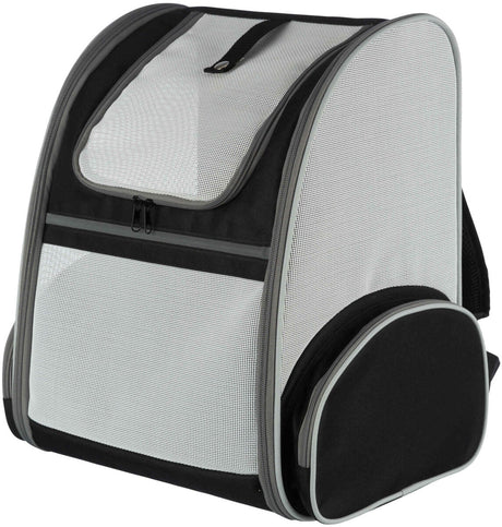 Transporttasche mit schwarzem und weißem Netzdesign, Reißverschluss vorne, seitliche Tasche angebracht.
