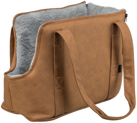 Braune Tasche mit langen Trägern und grauem, fellartigem Innenfutter, offen an der Oberseite.