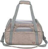 Grau-beige Tragetasche mit grauem Griff und Riemen, seitliches Netzfenster, sichtbares Label "TRIXIE".