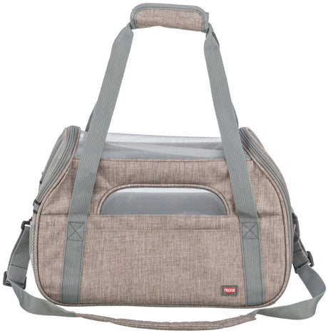 Grau-beige Tragetasche mit grauem Griff und Riemen, seitliches Netzfenster, sichtbares Label "TRIXIE".