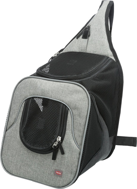Grauer Transport-Rucksack mit schwarzem Netzstoff, Reißverschlüssen und einer gepolsterten Schulterriemen.