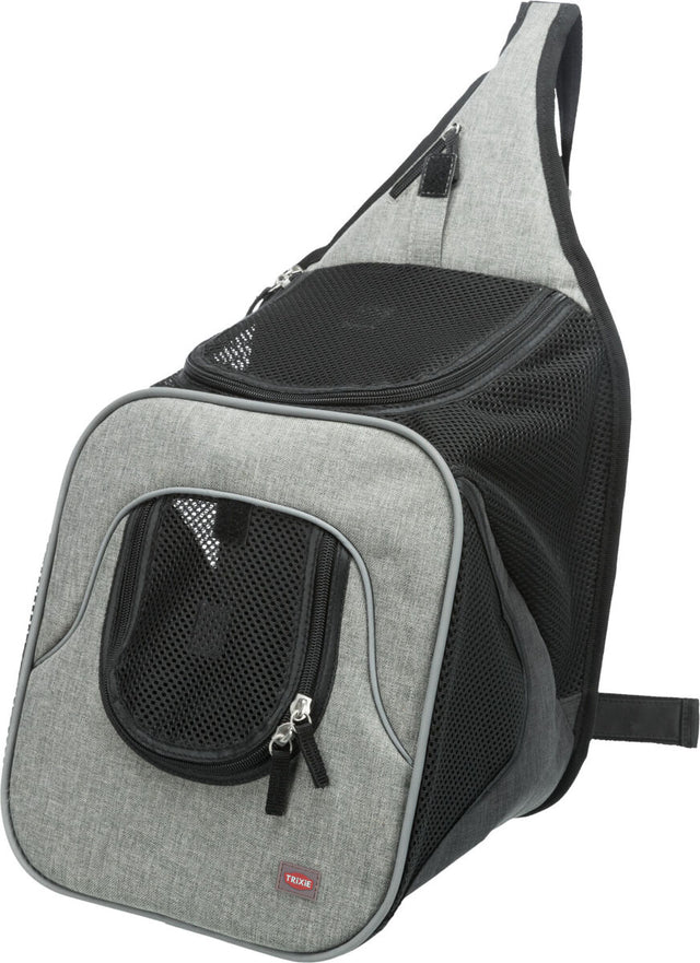 Grauer Transport-Rucksack mit schwarzem Netzstoff, Reißverschlüssen und einer gepolsterten Schulterriemen.