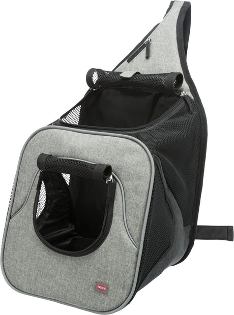 Grauer Rucksack mit schwarzen Netzfächern und Reißverschluss, geeignet als Transportlösung.