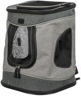 Grauer Transportrucksack mit schwarzem Netzfenstern und Reißverschlüssen, geeignet für den Transport von Tieren.