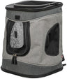 Grauer Transportrucksack mit schwarzem Netzfenstern und Reißverschlüssen, geeignet für den Transport von Tieren.
