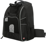 Schwarzer Rucksack mit Netzfenstern und grauen Nähten, gepolsterten Trägern und einem Griff oben.