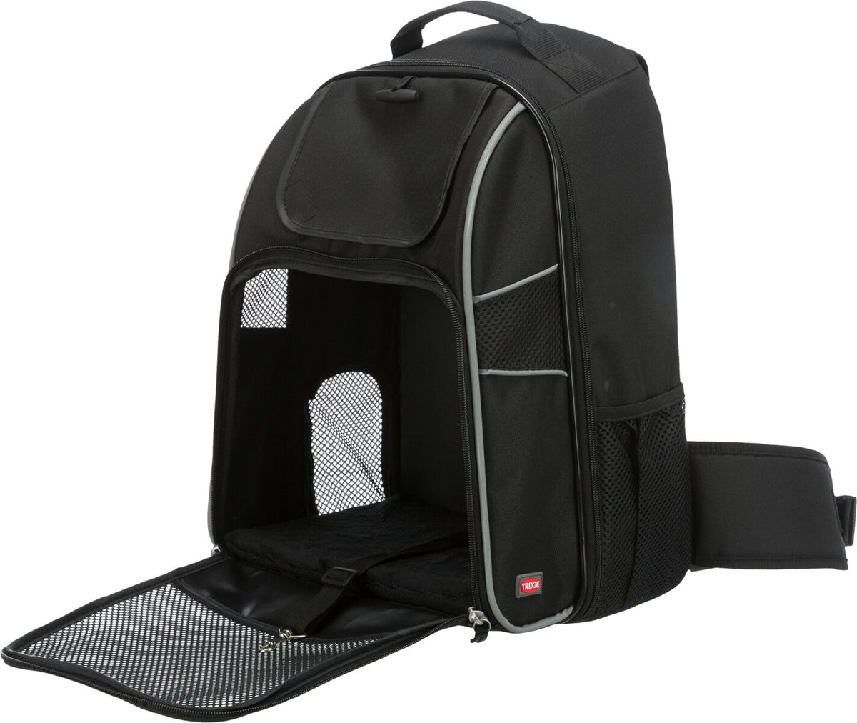 Schwarzer Rucksack mit Mesh-Fenster, Reißverschlussöffnung und seitlichen Netztaschen, oben und hinten Tragegriff.