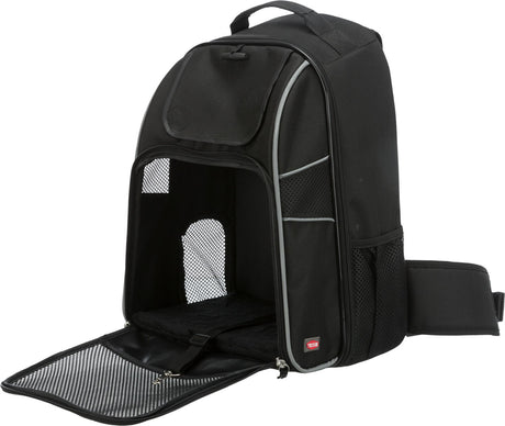 Schwarzer Rucksack mit Mesh-Fenster, Reißverschlussöffnung und seitlichen Netztaschen, oben und hinten Tragegriff.