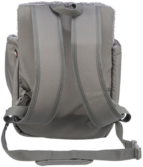 Grauer Rucksack mit gepolsterten Schultergurten und einem Tragegriff oben; seitlich sichtbar angebrachte Schnallen.