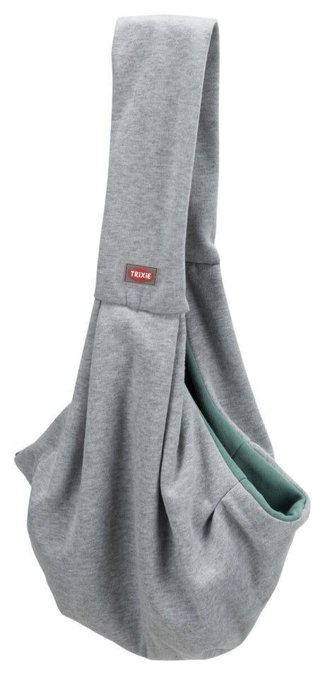 Graue Stoff-Tragetasche mit breitem Träger und grünem Innenfutter, vorne ein Logo mit der Aufschrift "Trixie".