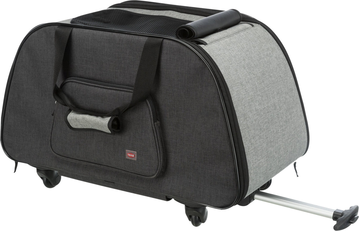 Kompakte schwarze und graue Tasche mit Rollen und ausziehbarem Griff.