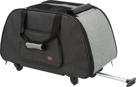Kompakte schwarze und graue Tasche mit Rollen und ausziehbarem Griff.