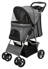 Grauer Kinderwagen mit schwarzem Netz, vier Rädern und schwarzem Griff, geeignet für den Transport von Tieren.
