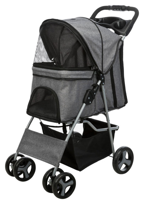 Grauer Kinderwagen mit schwarzem Netz, vier Rädern und schwarzem Griff, geeignet für den Transport von Tieren.