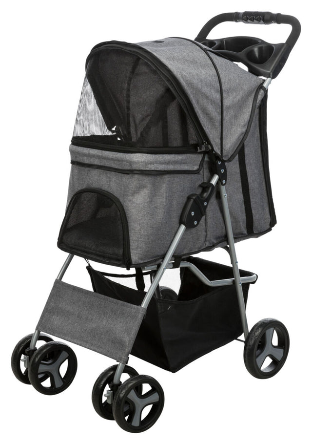 Grauer Kinderwagen mit schwarzem Netz, vier Rädern und schwarzem Griff, geeignet für den Transport von Tieren.