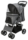 Grauer Kinderwagen mit schwarzem Netz, vier Rädern und schwarzem Griff, geeignet für den Transport von Tieren.