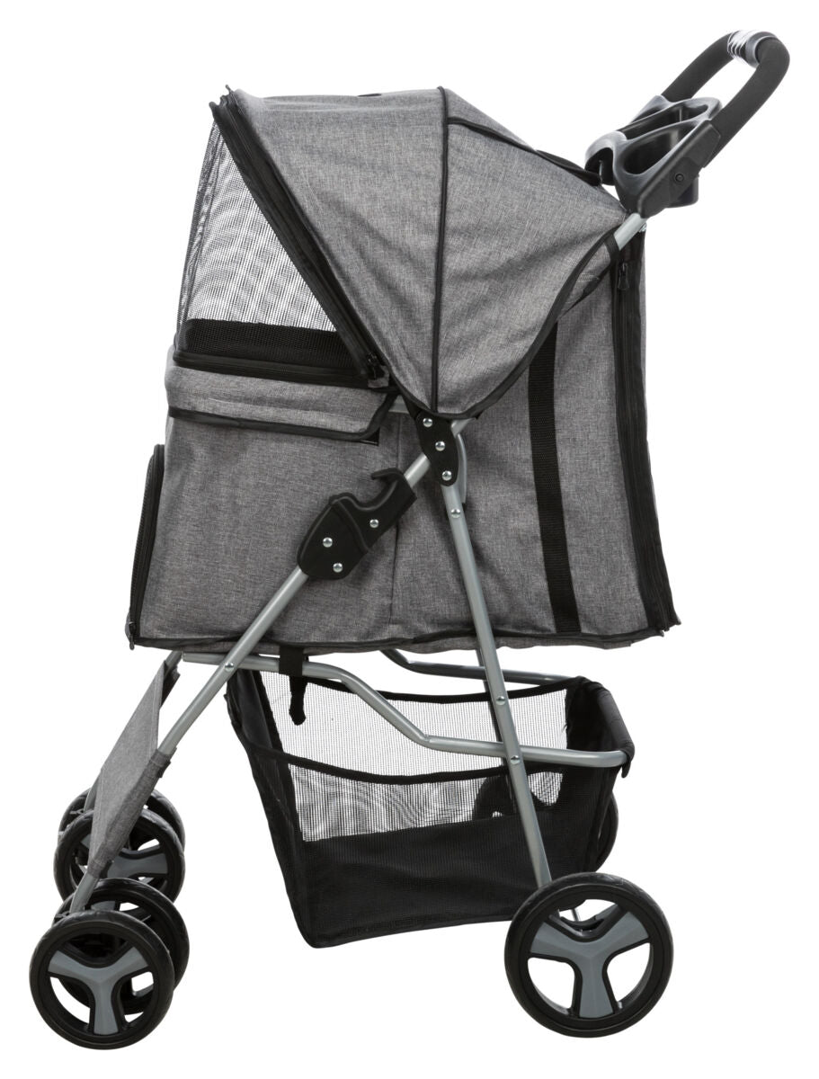 Grauer Kinderwagen mit vier Rädern, schwarzem Netzkorb unten und gepolstertem Schiebegriff; seitliche Netzbereiche.