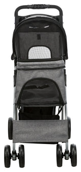 Ein grauer Kinderwagen mit vier doppelten Rädern, einem schwarzen Netz und verstellbarem Schiebegriff.