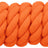 Orangefarbener gedrehter Knoten aus Seil mit zwei sichtbaren Ösen an den Enden.