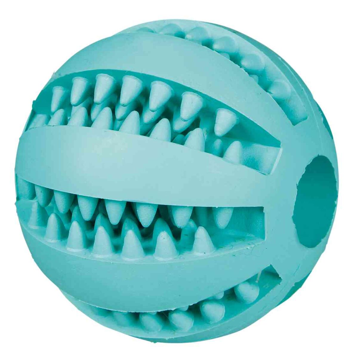 Aqua-blauer Ball mit gleichmäßig verteilten dreieckigen Stacheln und horizontalen Schlitzen.