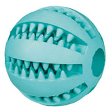 Aqua-blauer Ball mit gleichmäßig verteilten dreieckigen Stacheln und horizontalen Schlitzen.