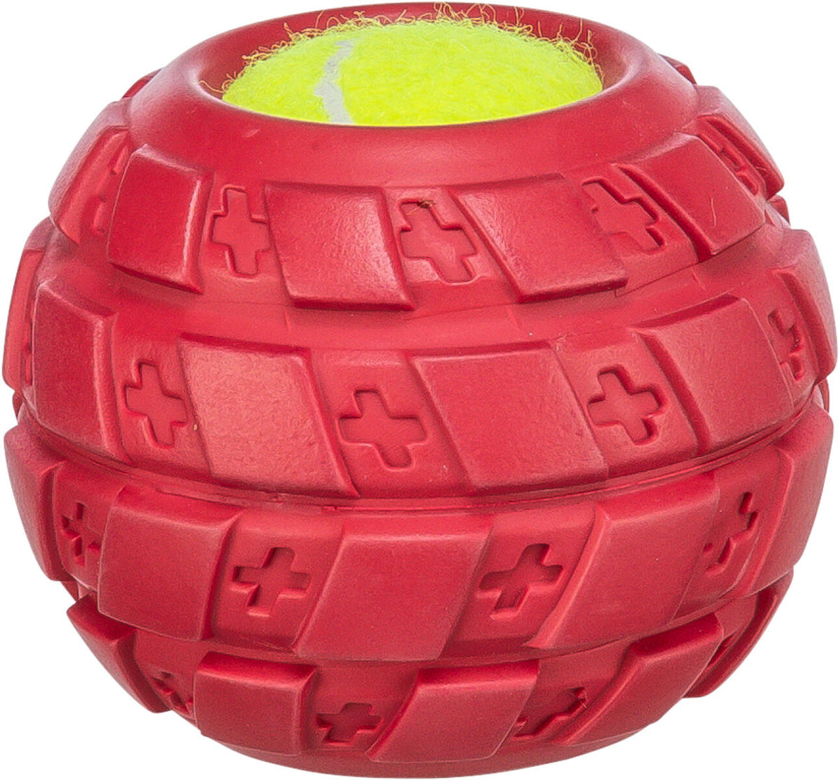 Roter Ball mit strukturiertem Gummimuster und sichtbarem gelbem Tennisball im Inneren.