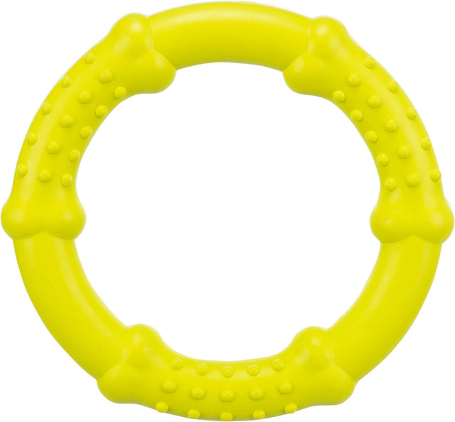 Gelber Kunststoffring mit hervorstehenden Noppen und knochenförmigen Ausbuchtungen, kreisförmiges Design.