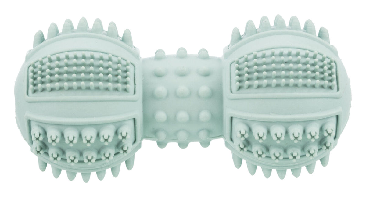 Mintgrünes Spielzeug mit Noppen und Rillen in symmetrischer Form.