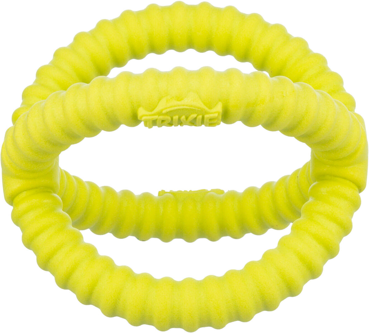 Gelbes, gewelltes Doppelring-Spielzeug aus Gummi mit eingraviertem Text, passend zum Werfen oder Ziehen.