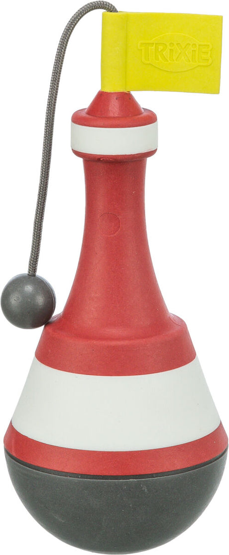 Rotes und weißes Spielzeug mit kugelförmigem Ende, gelber Flagge und grauer Schnur, Aufschrift "Trixie".