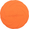 Eine runde, orange Frisbee-Scheibe mit geprägtem Text "DOG-O-SOAR" und spiralförmigem Muster.