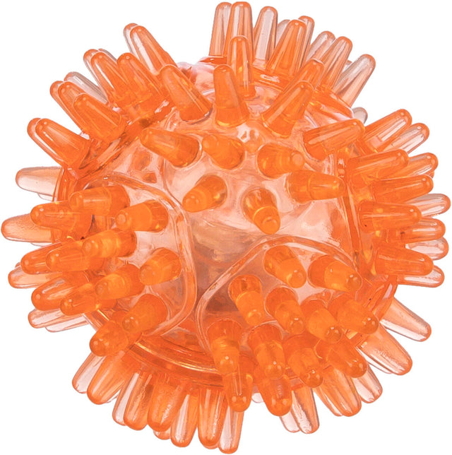 Transparenter orangefarbener Ball mit vielen stachelartigen Spitzen, gleichmäßig verteilt.
