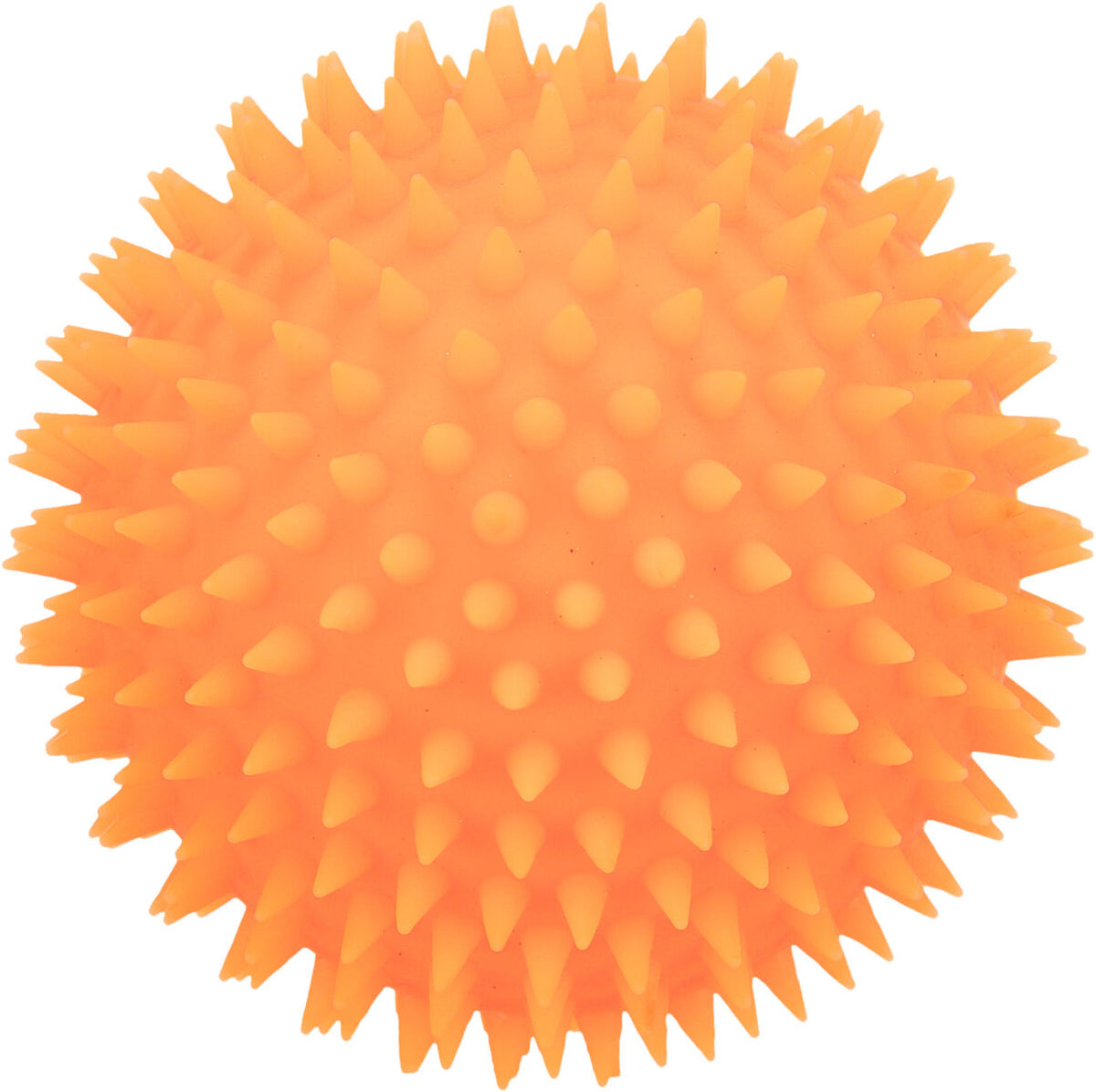 Orangefarbener Ball mit vielen kurzen, spitzen Noppen auf der Oberfläche.