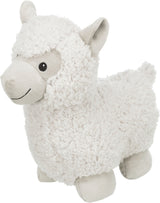 Weiches, hellgraues Plüsch-Lama mit flauschiger Textur und aufgesticktem Gesichtslächeln.