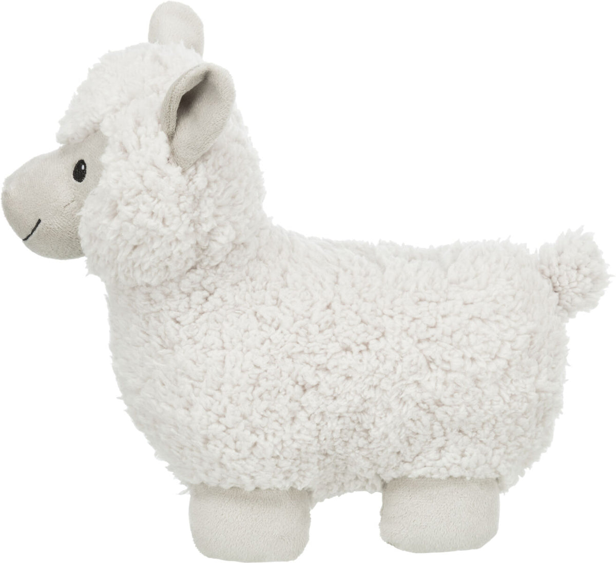 Ein weißes, flauschiges Stofftier in Form eines stehenden Tieres mit Ohren und einem kleinen Schwanz.