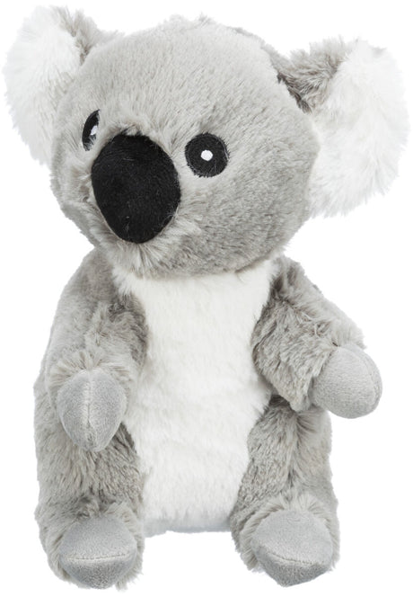 Graues Plüschkoala-Spielzeug mit schwarzer Nase und weißen Ohren auf einem weißen Hintergrund.
