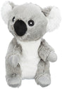 Graues Plüschkoala-Spielzeug mit schwarzer Nase und weißen Ohren auf einem weißen Hintergrund.