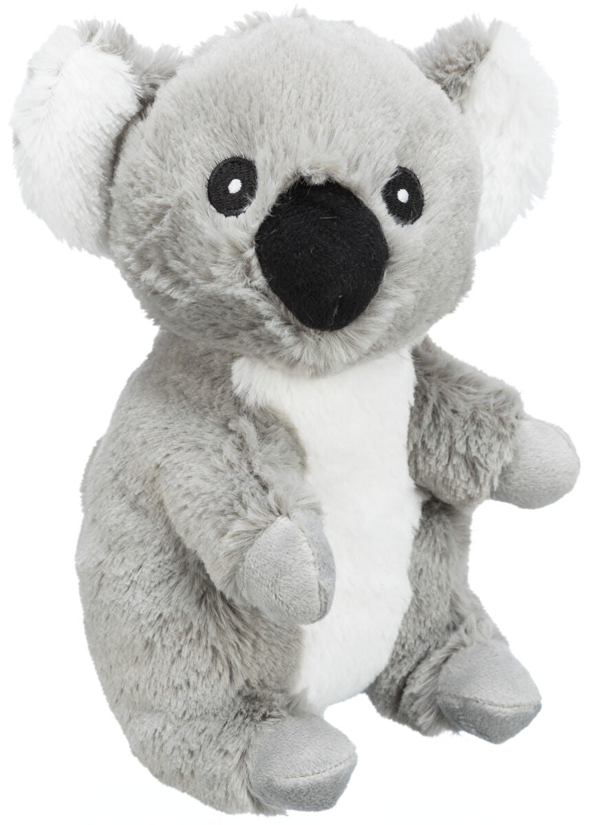 Graues Kuscheltier in Form eines Koalas mit weißem Bauch, schwarzen Augen und großem schwarzen Nasenbereich.