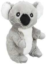 Graues Kuscheltier in Form eines Koalas mit weißem Bauch, schwarzen Augen und großem schwarzen Nasenbereich.