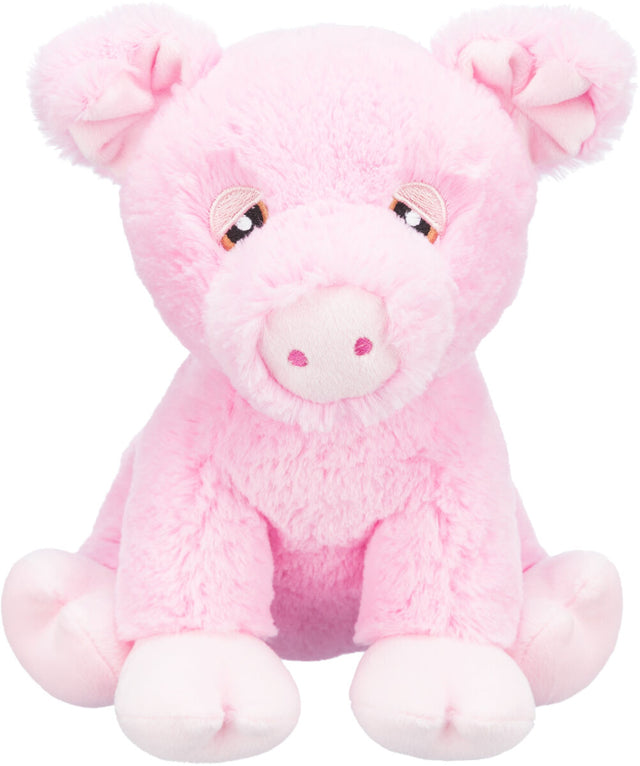 Ein rosa Plüschschwein mit gestickten Augen, rundem Gesicht und kleinen Ohren sitzt aufrecht auf weißem Hintergrund.